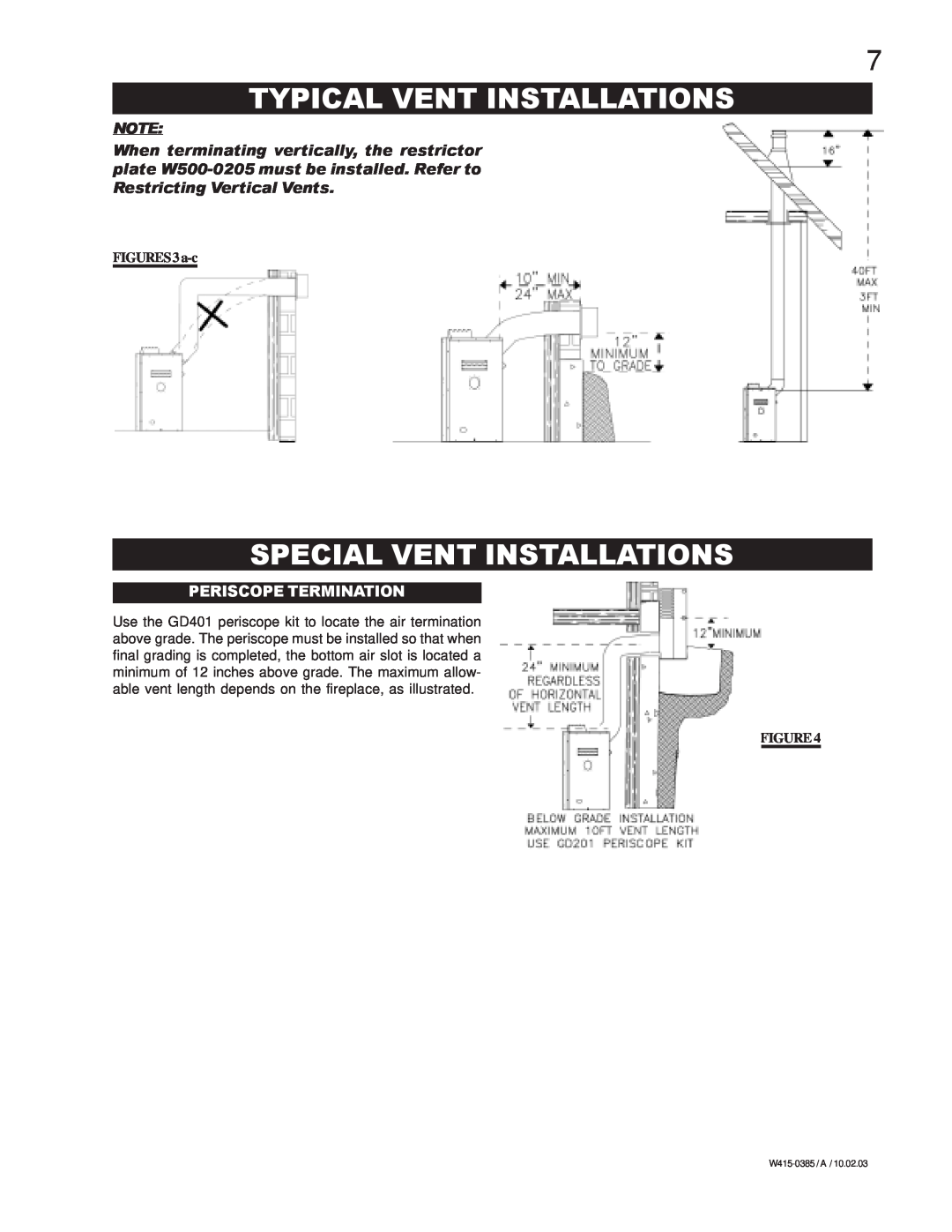 Continental BCDV42N, BCDV42P Typical Vent Installations, Special Vent Installations, Periscope Termination, FIGURES 3 a-c 