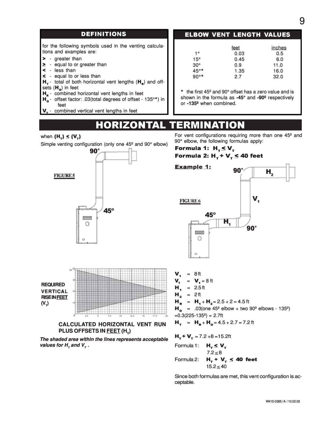 Continental BCDV42N, BCDV42P manual Horizontal Termination, Definitions, Elbow Vent Length Values 