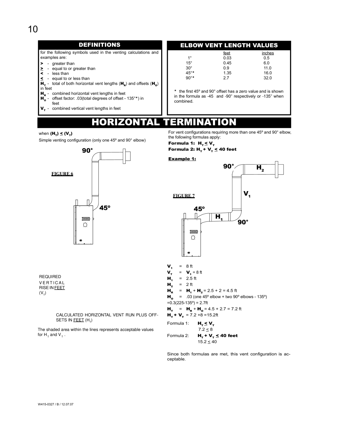 Continental BCDV48P, BCDV48N manual Horizontal Termination, Definitions, Elbow Vent Length Values, When HT VT 