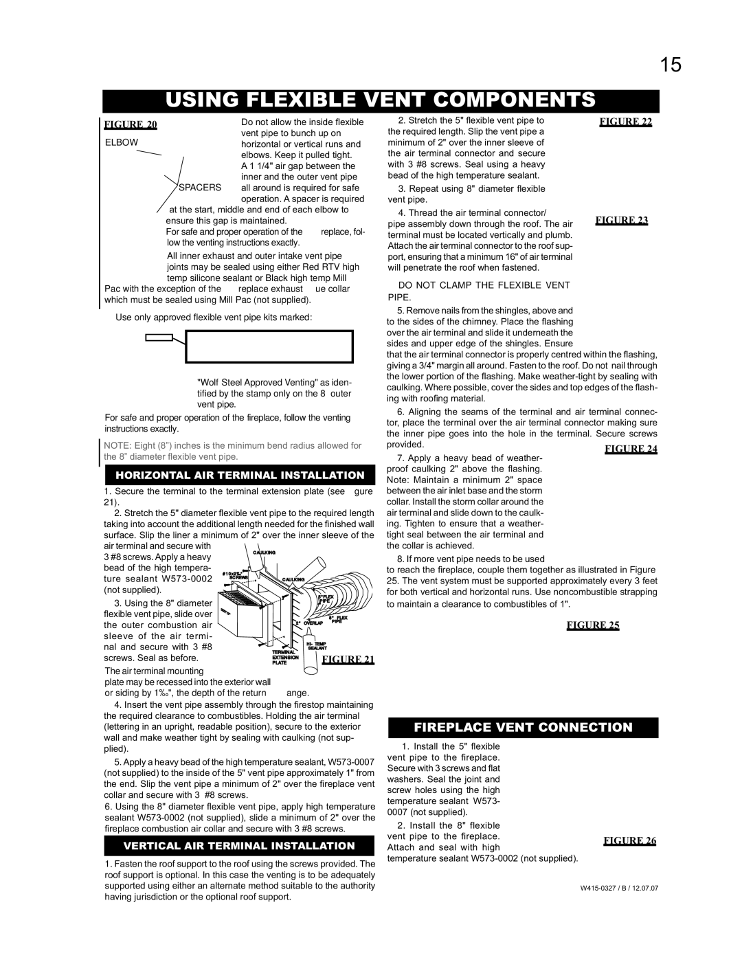 Continental BCDV48N, BCDV48P manual Using Flexible Vent Components, Fireplace Vent Connection 