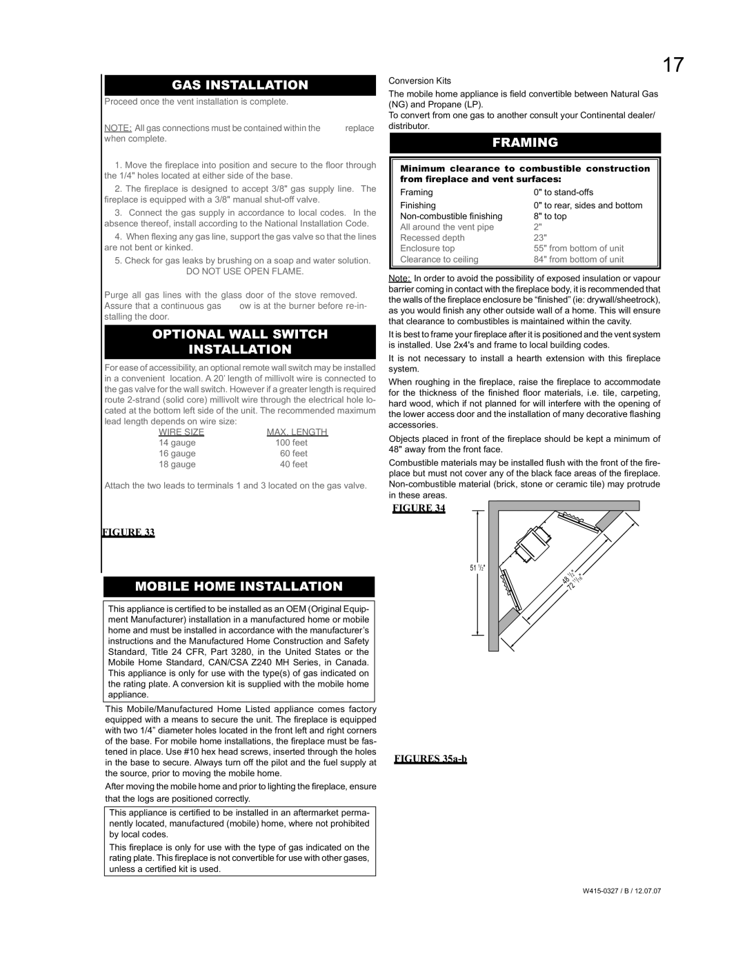 Continental BCDV48N, BCDV48P manual GAS Installation, Optional Wall Switch Installation, Framing, Mobile Home Installation 