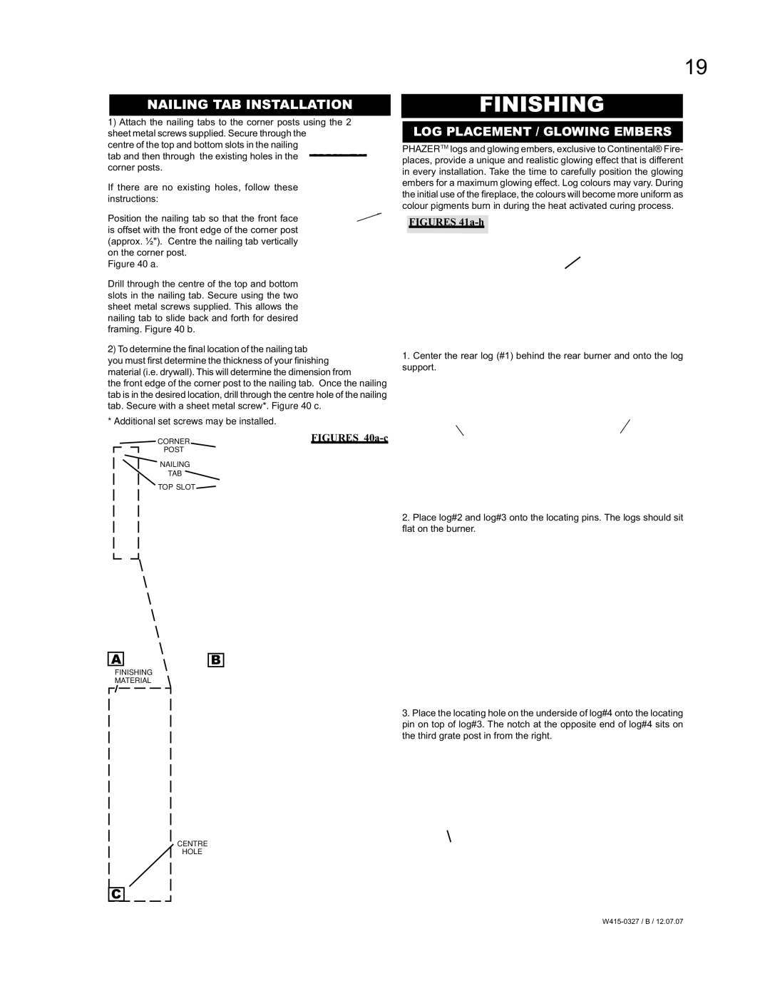 Continental BCDV48N, BCDV48P manual Finishing, Nailing TAB Installation, LOG Placement / Glowing Embers 