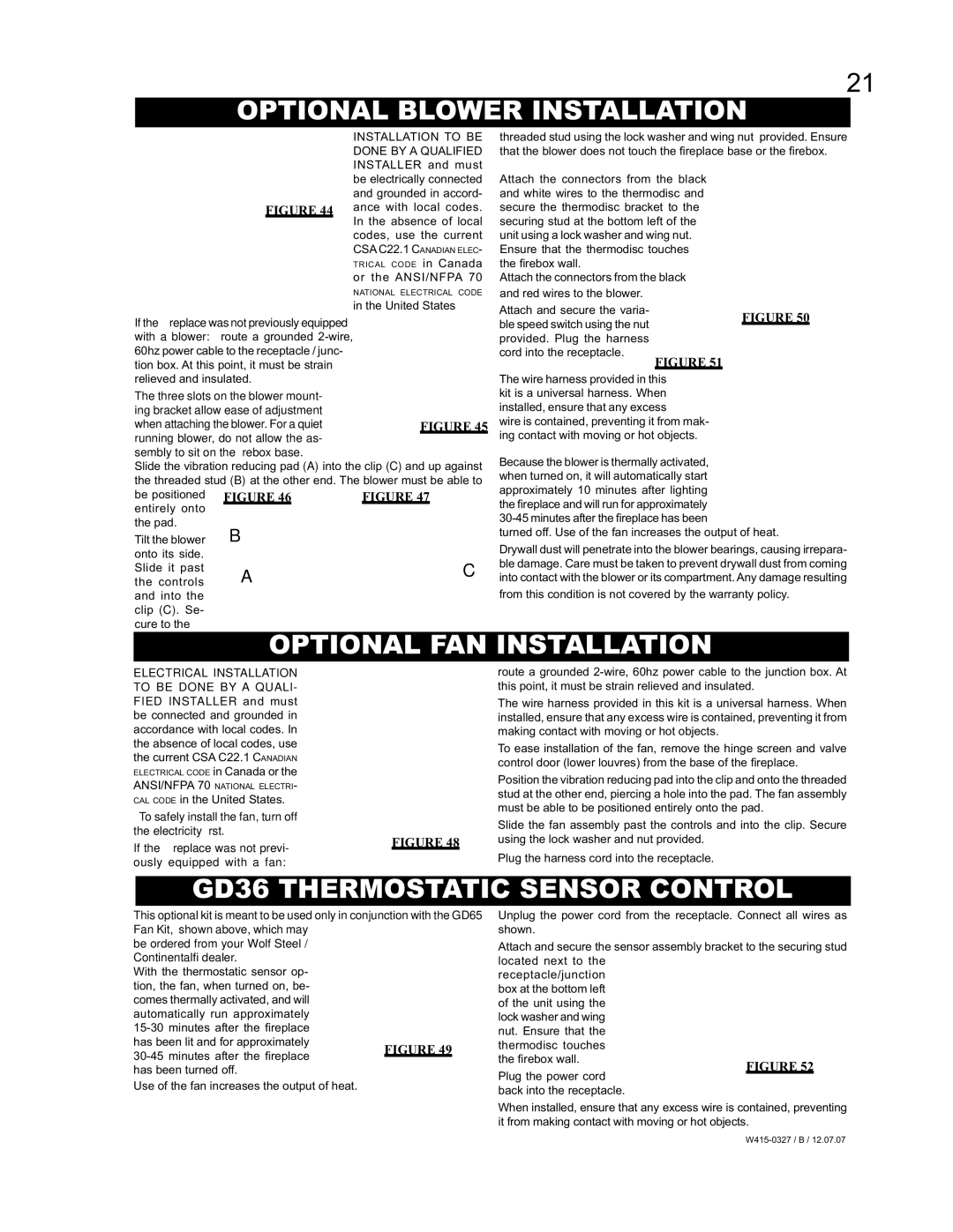 Continental BCDV48N, BCDV48P Optional Blower Installation, Optional FAN Installation, GD36 Thermostatic Sensor Control 