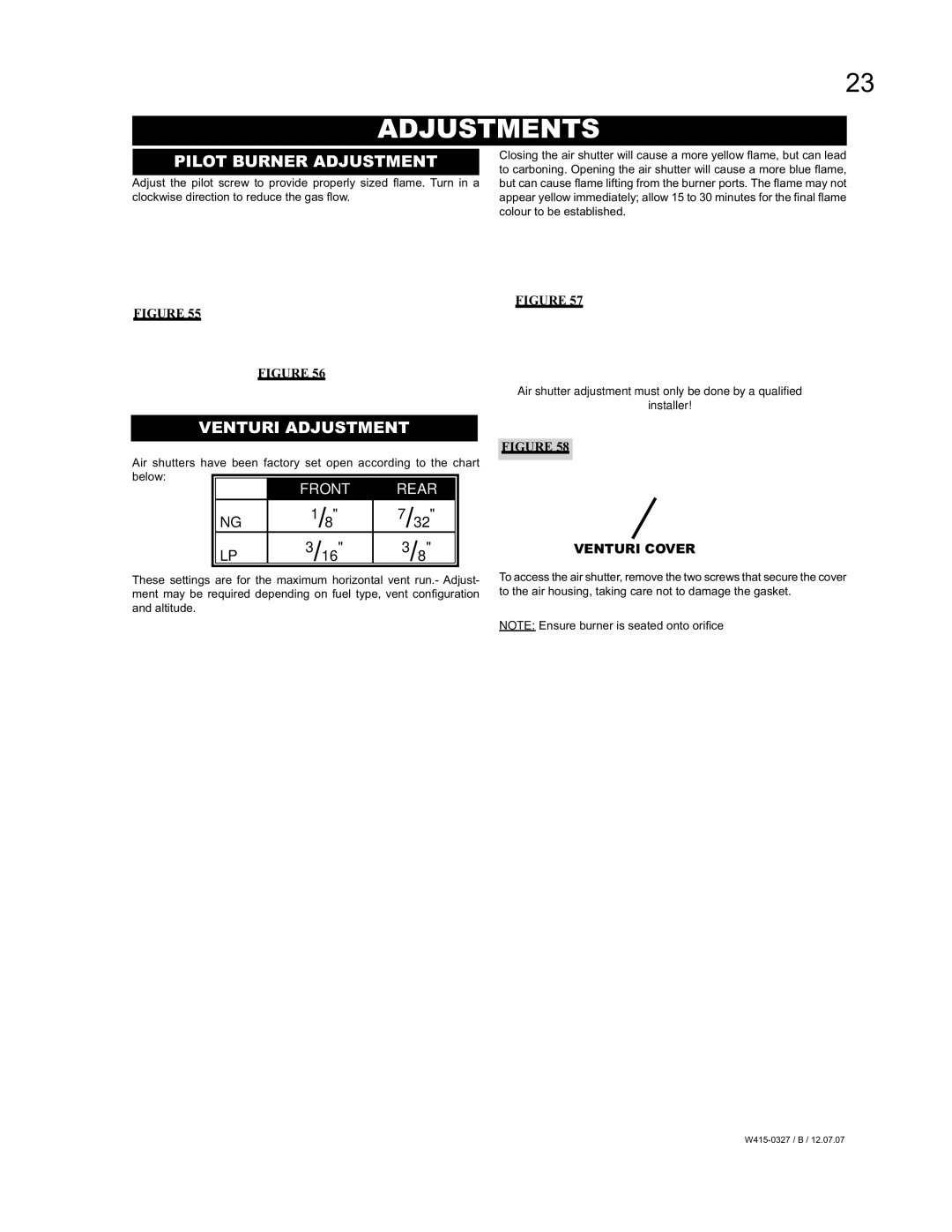 Continental BCDV48N, BCDV48P manual Adjustments, Pilot Burner Adjustment, Venturi Adjustment, Front Rear 