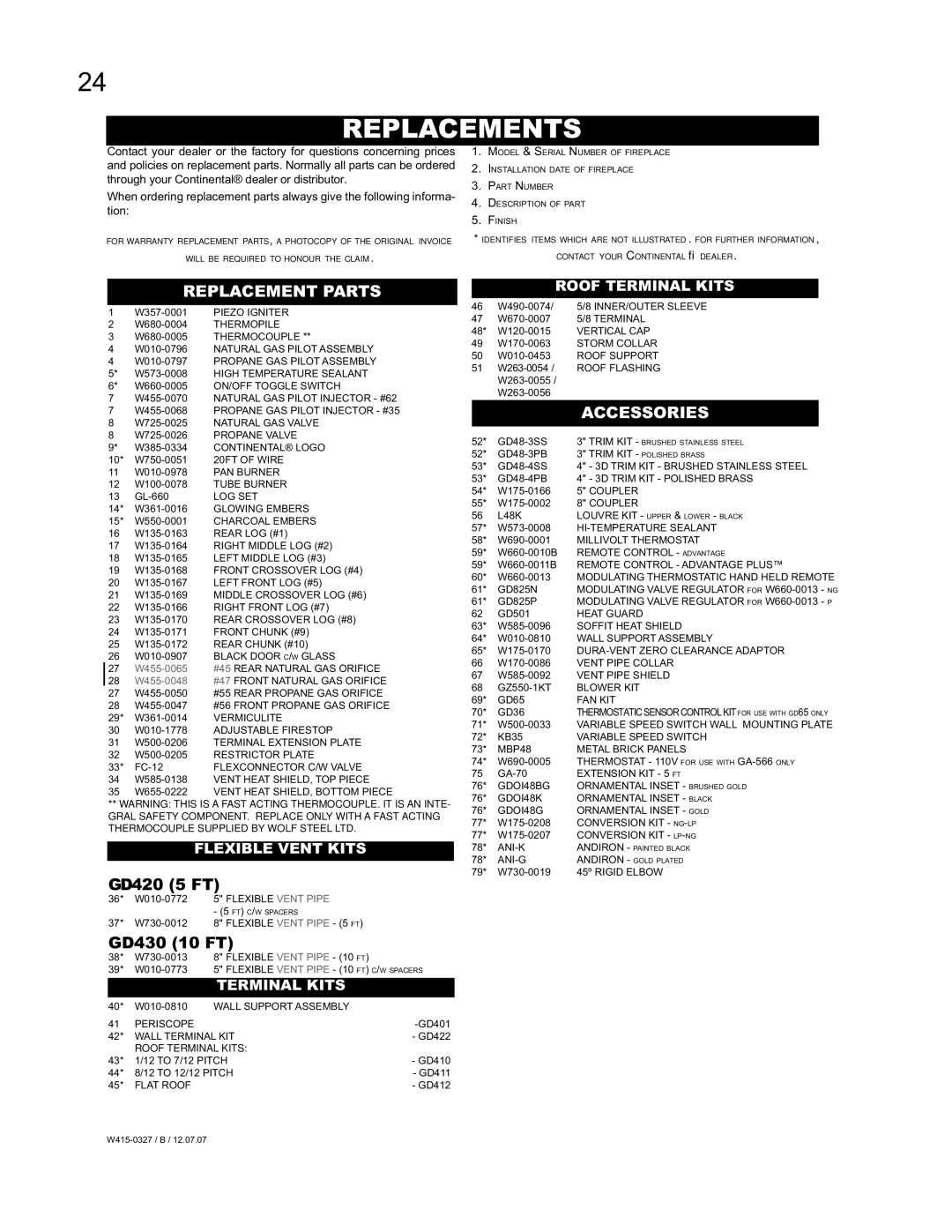 Continental BCDV48P, BCDV48N manual Replacements, Replacement Parts, Accessories, Flexible Vent Kits Roof Terminal Kits 