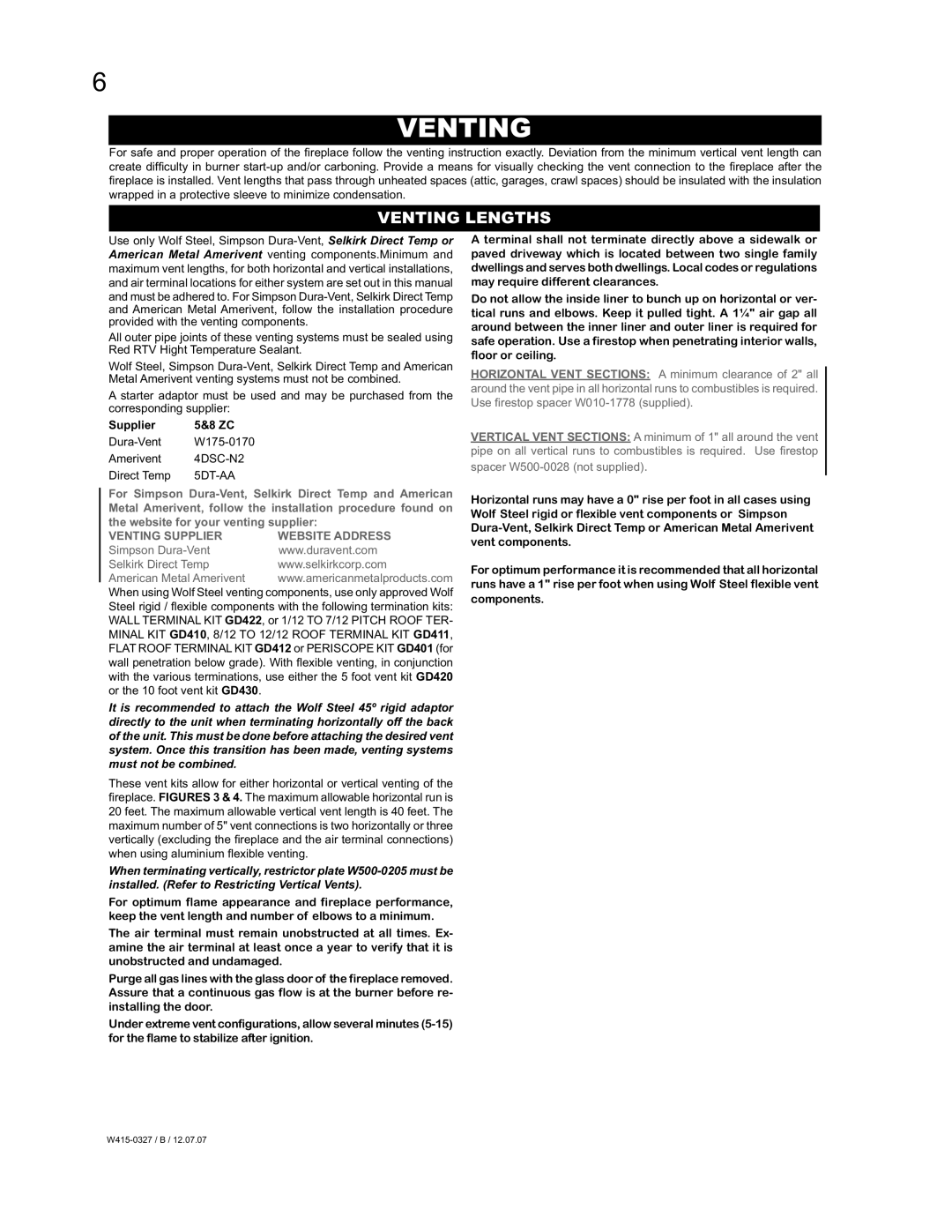 Continental BCDV48P, BCDV48N manual Venting Lengths, Supplier 