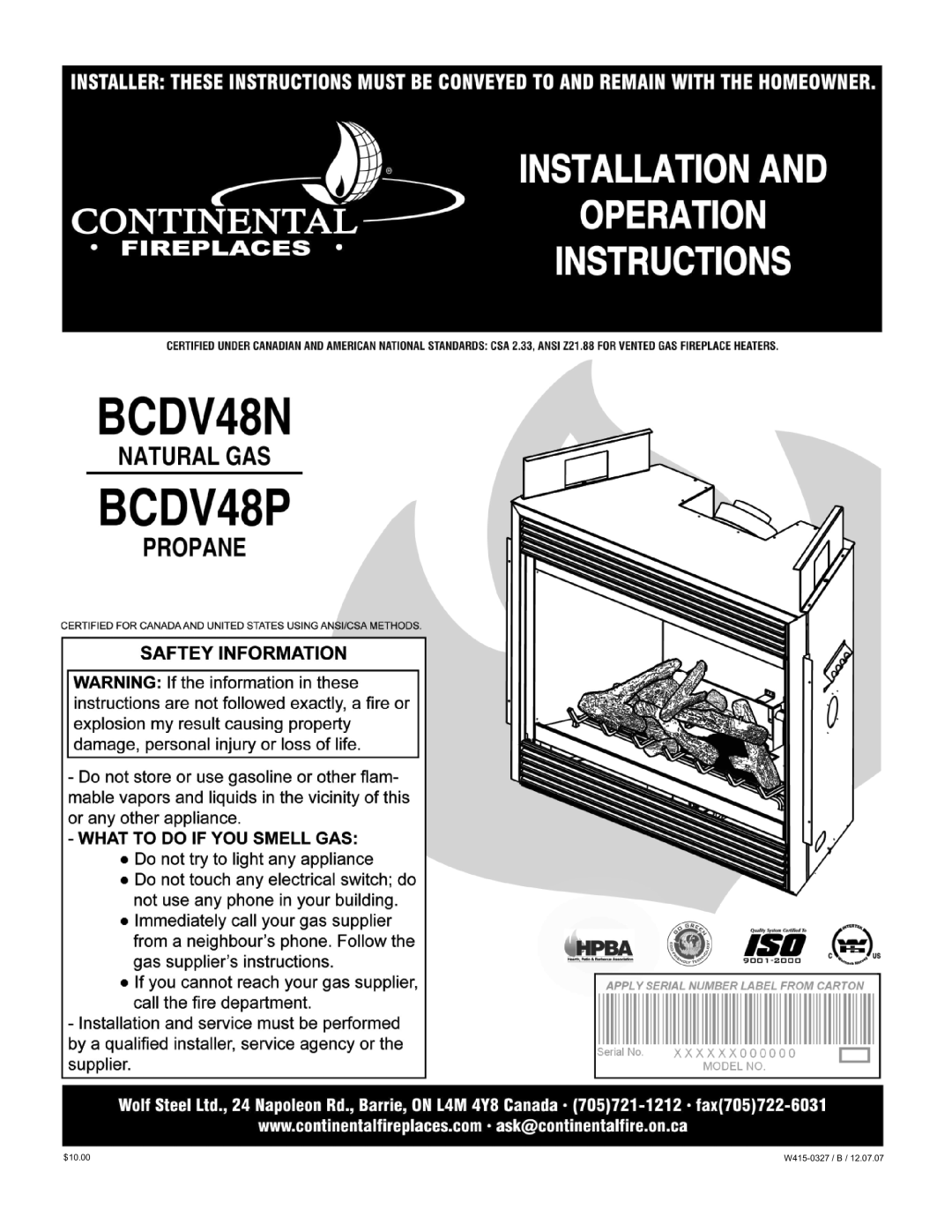 Continental BCDV48N, BCDV48P manual W415-0327 /B, $10.00 