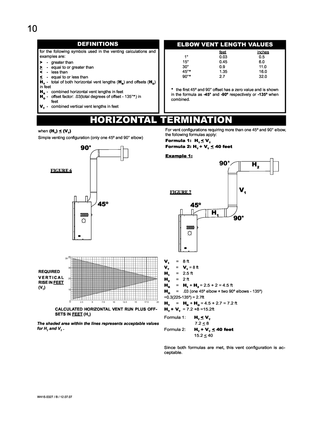 Continental BCDV48P, BCDV48N manual Horizontal Termination, 90 H2, 45º H1, Definitions, Elbow Vent Length Values 