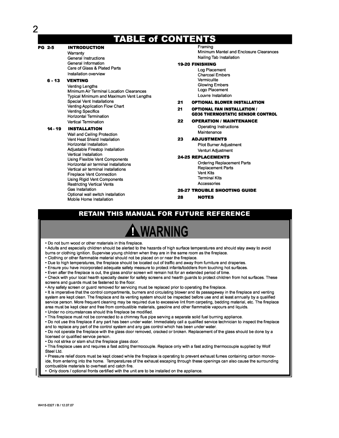 Continental BCDV48P, BCDV48N manual TABLE of CONTENTS, Retain This Manual For Future Reference 