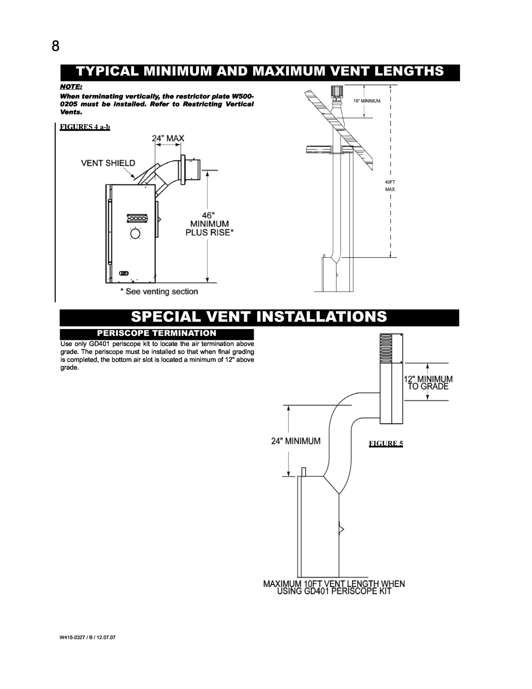 Continental BCDV48P, BCDV48N Special Vent Installations, Typical Minimum And Maximum Vent Lengths, Periscope Termination 
