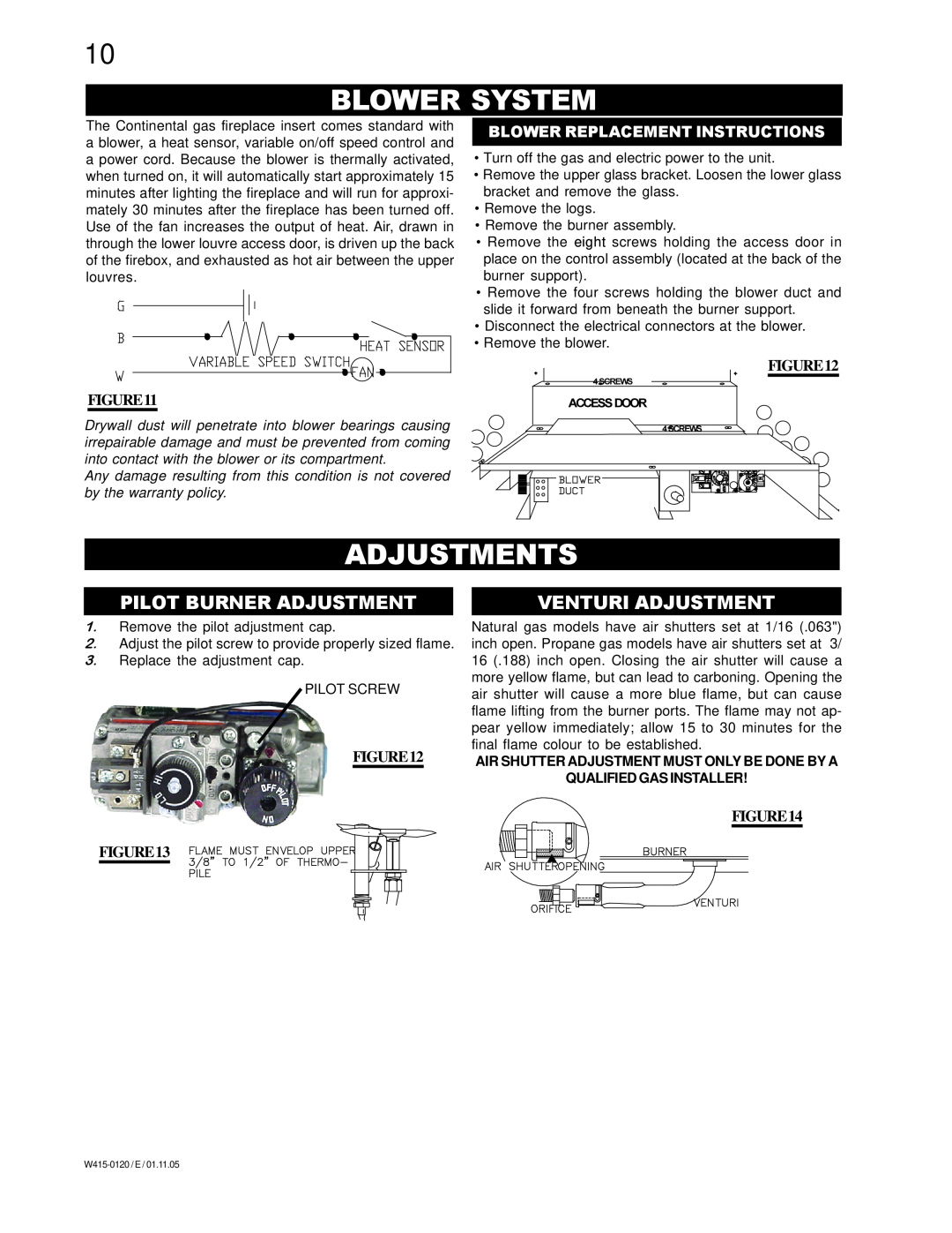 Continental CBI 360-P, CBI 360-N manual Blower System, Adjustments, Pilot Burner Adjustment, Venturi Adjustment 