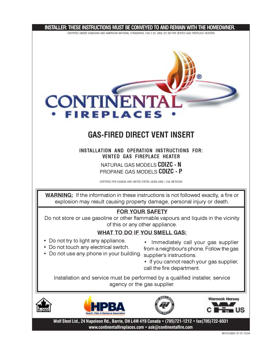 Continental CDIZC - P, CDIZC - N manual GAS-FIRED Direct Vent Insert 