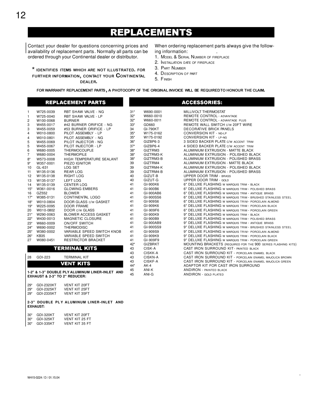 Continental CDIZC - N, CDIZC - P manual Replacements 