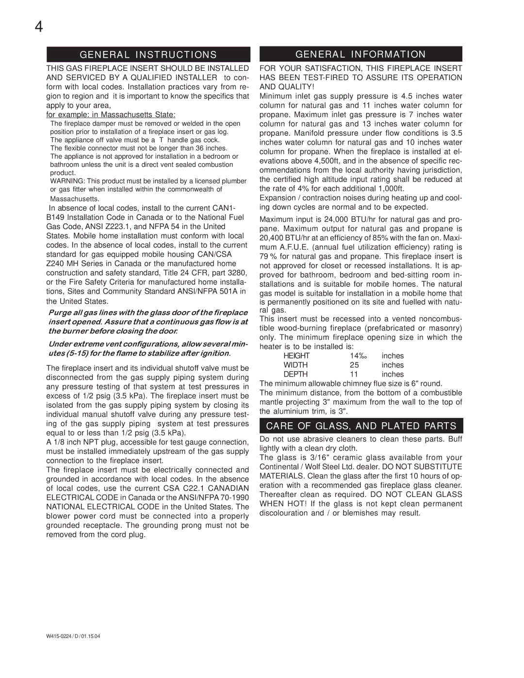 Continental CDIZC - N, CDIZC - P manual General Instructions, General Information, Care of GLASS, and Plated Parts 