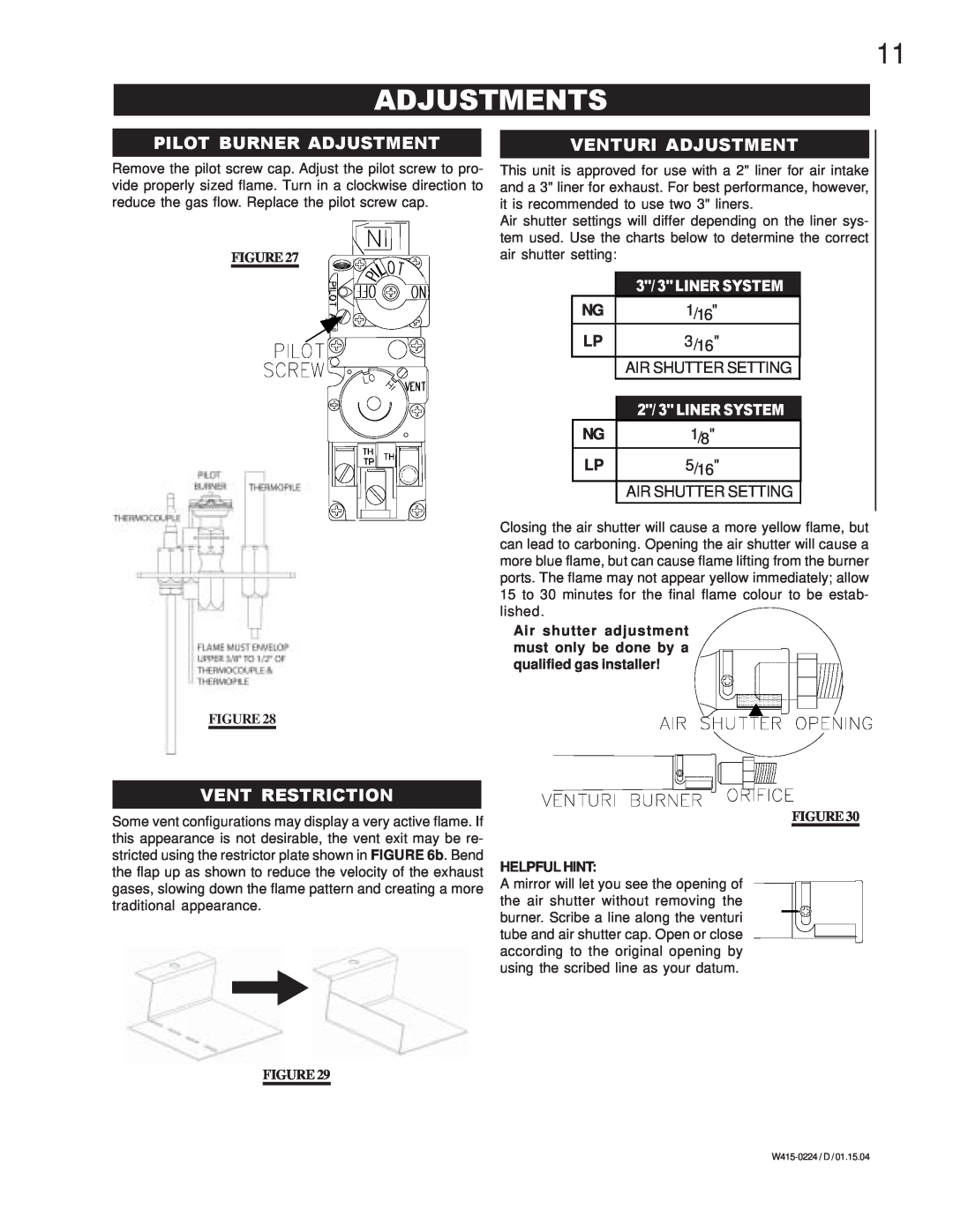 Continental CDIZC - P manual Adjustments, Pilot Burner Adjustment, Vent Restriction, Venturi Adjustment, 3/3LINERSYSTEM 