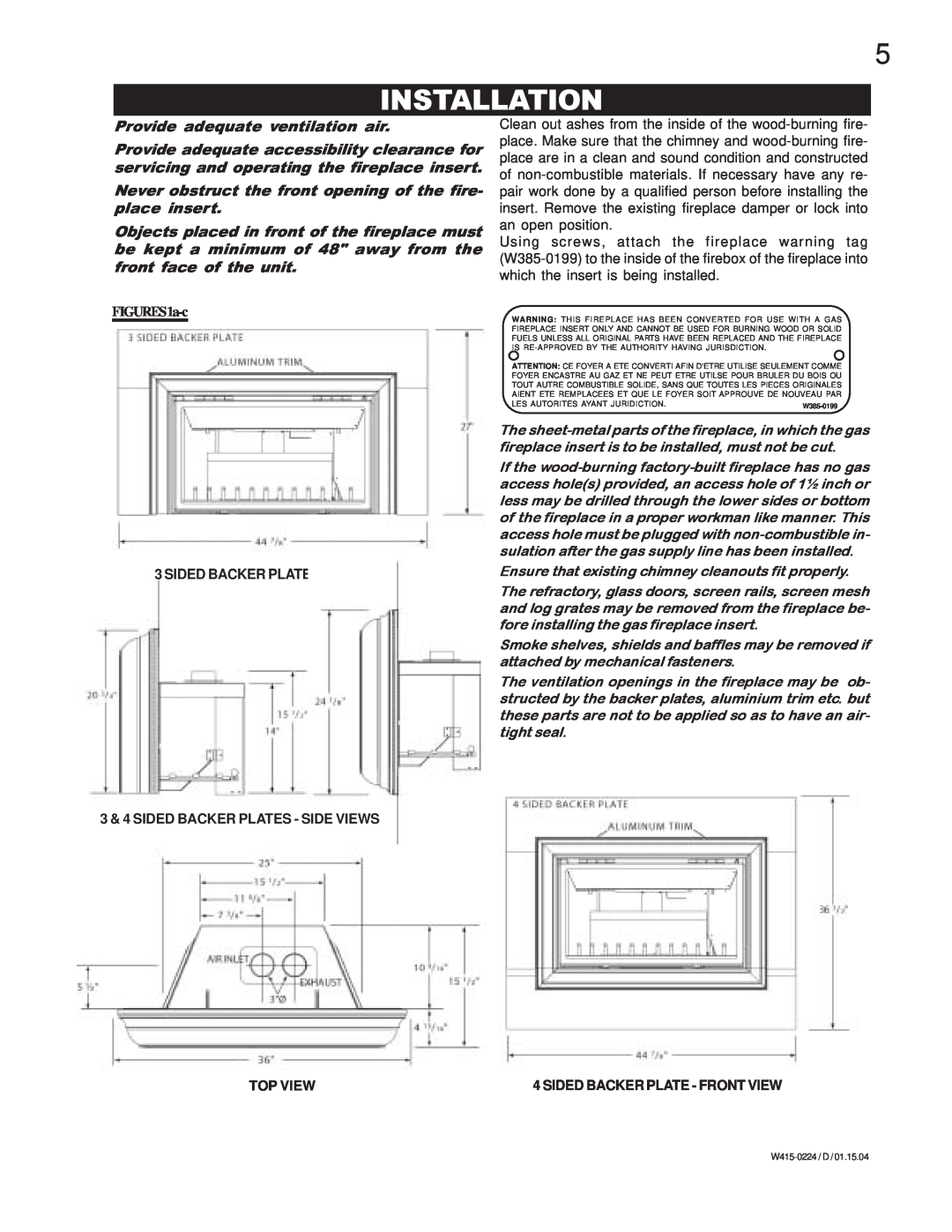 Continental CDIZC - P manual Installation, Provide adequate ventilation air, FIGURES1a-c, Sided Backer Plate - Front View 
