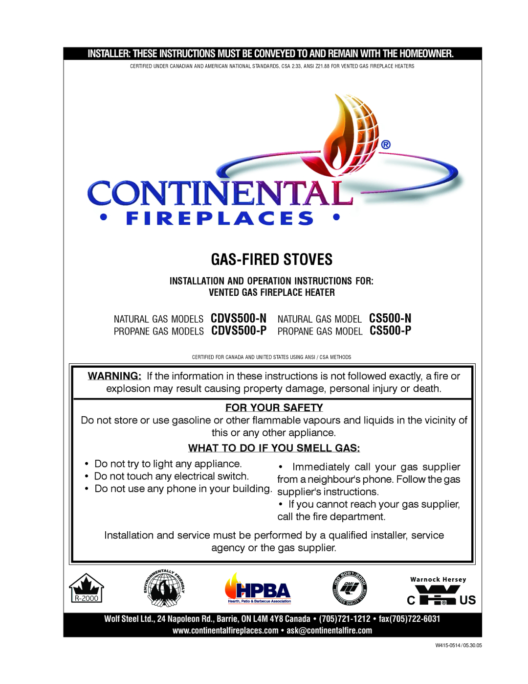 Continental CDVS500-N, CDVS500-P manual GAS-FIRED Stoves 