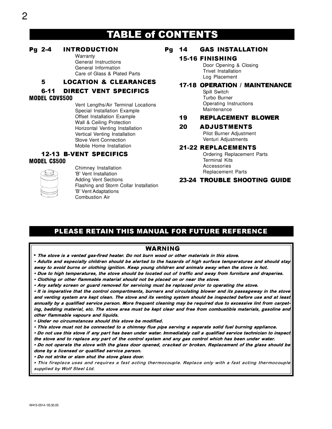 Continental CDVS500-P, CDVS500-N manual Table of Contents 