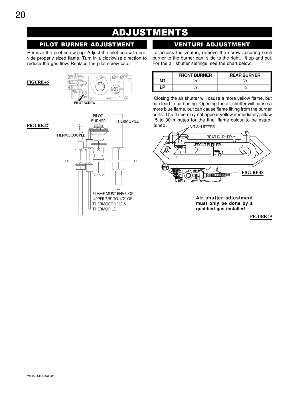 Continental CDVS500-P, CDVS500-N manual Adjustments, Pilot Burner Adjustment Venturi Adjustment, Front Burner Rear Burner 