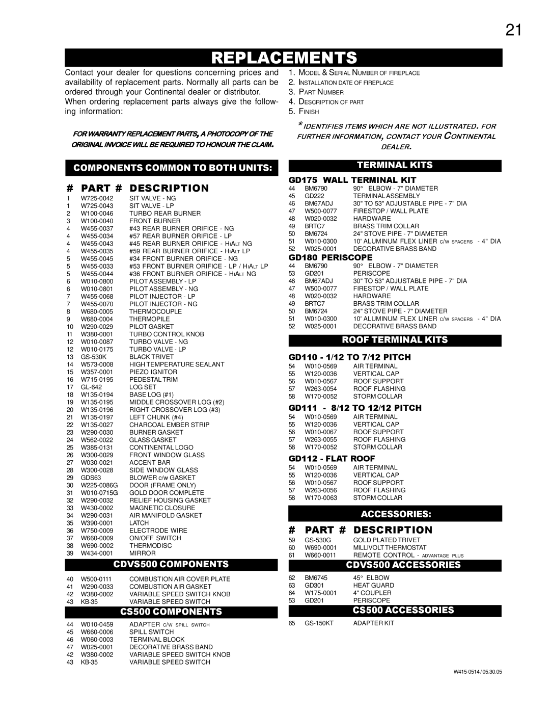 Continental CDVS500-N, CDVS500-P manual Replacements, Ing information 