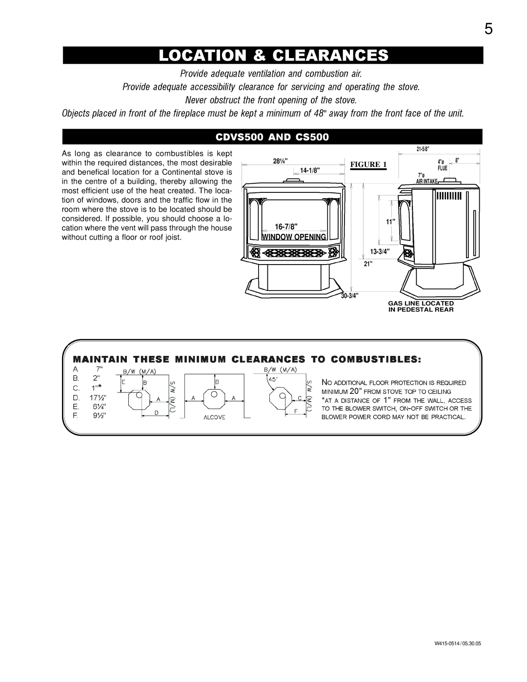 Continental CDVS500-N, CDVS500-P manual Location & Clearances, CDVS500 and CS500, Window Opening 