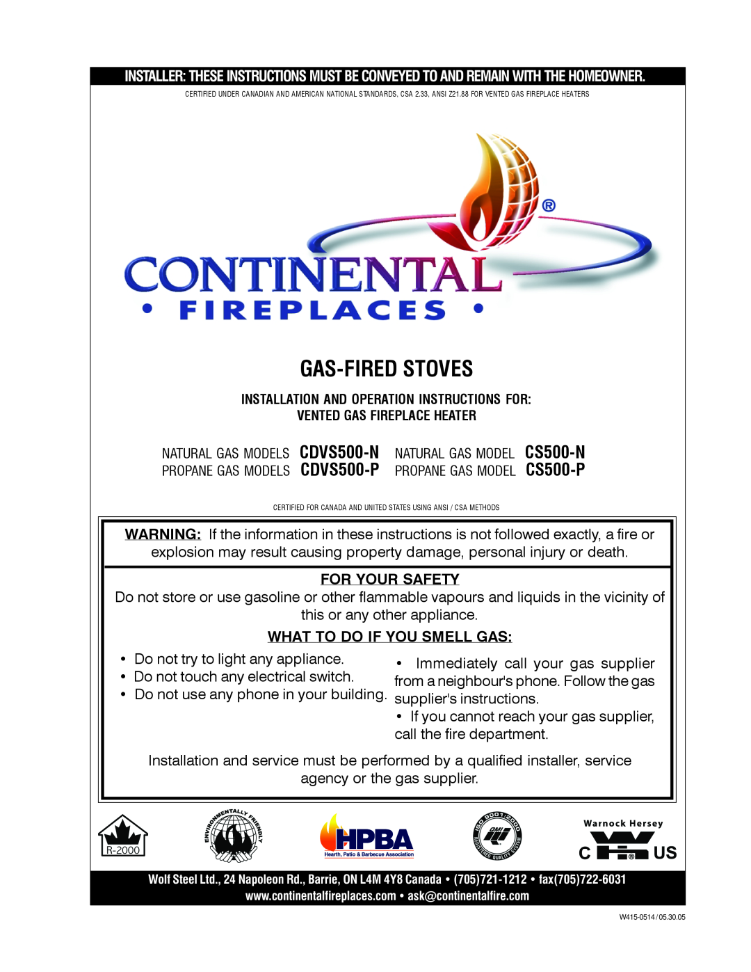 Continental CDVS500-N, CDVS500-P manual Gas-Firedstoves, CS500-N CS500-P 