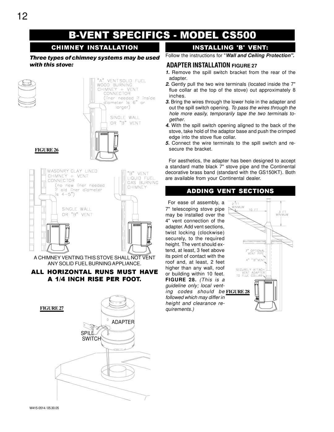 Continental CDVS500-P manual B-VENTSPECIFICS - MODEL CS500, Chimney Installation, Installing B Vent, Adding Vent Sections 