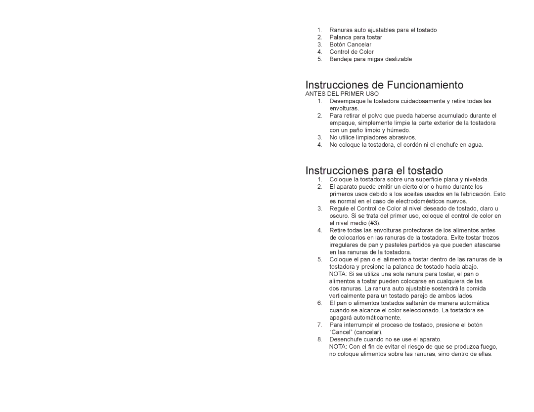 Continental CE23439 user manual Instrucciones de Funcionamiento, Instrucciones para el tostado, Antes DEL Primer USO 