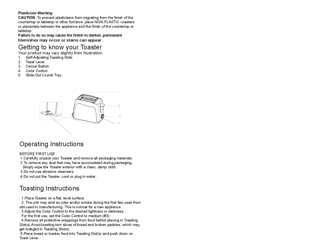 Continental CE23439 Getting to know your Toaster, Operating Instructions, Toasting Instructions, Before First USE 