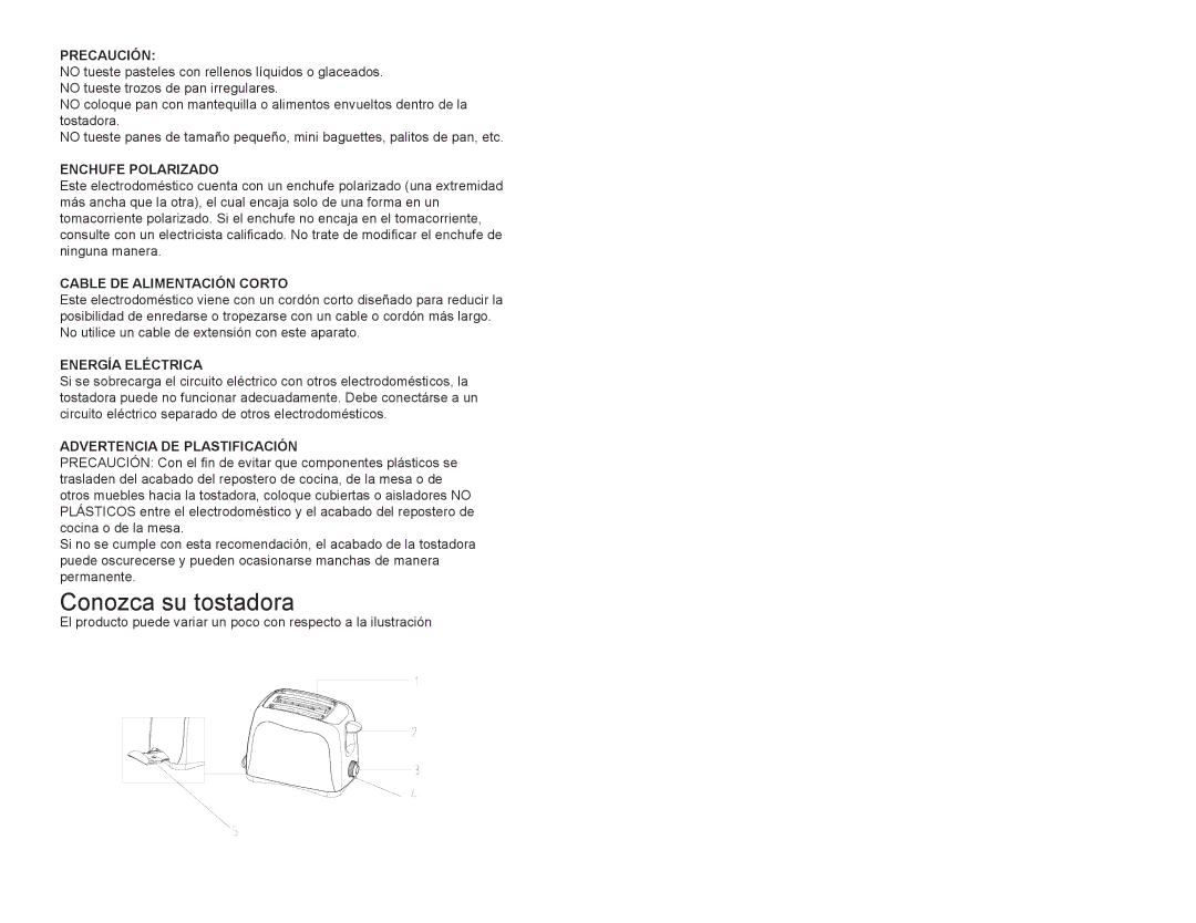 Continental CE23439 user manual Conozca su tostadora, Precaución 