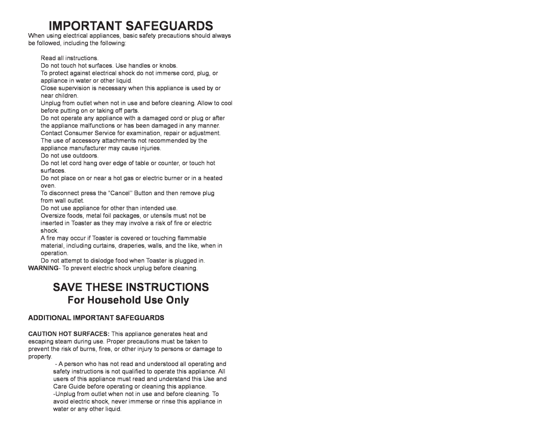 Continental CE23439 user manual Save These Instructions, For Household Use Only, Additional Important Safeguards 
