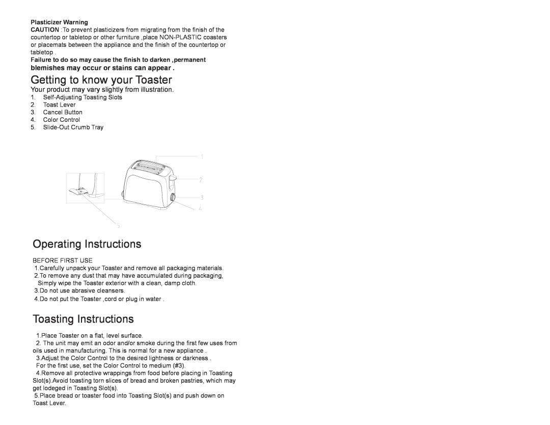 Continental CE23439 Getting to know your Toaster, Operating Instructions, Toasting Instructions, Plasticizer Warning 