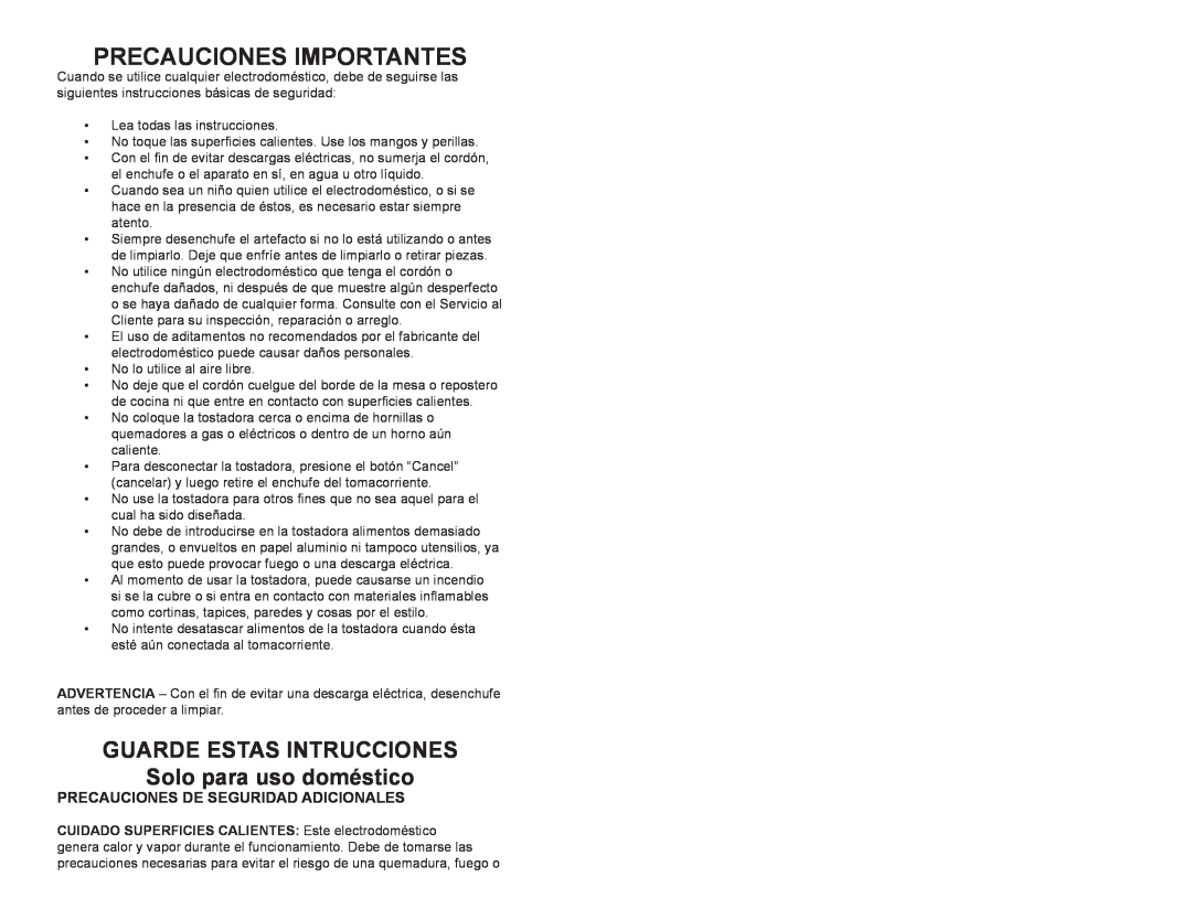 Continental CE23439 user manual Precauciones Importantes, GUARDE ESTAS INTRUCCIONES Solo para uso doméstico 