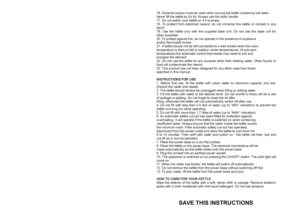 Continental CE23691 user manual Save This Instructions 