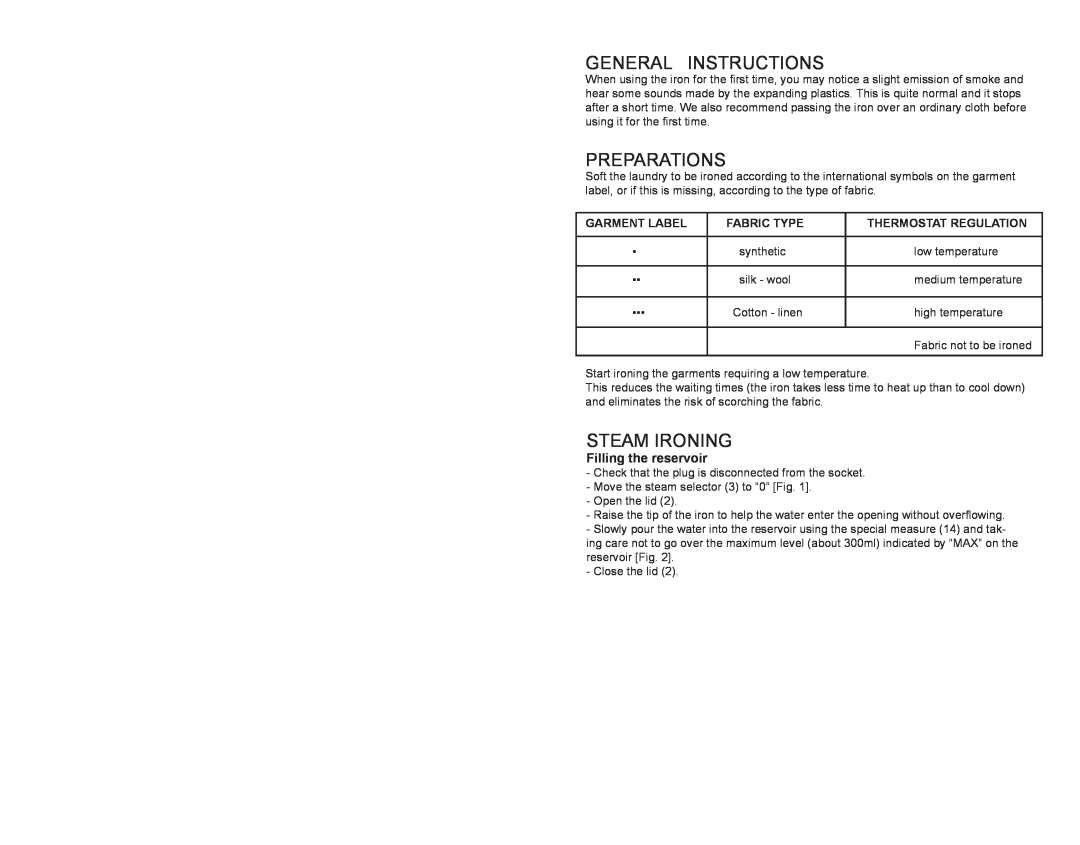 Continental CM43095 General Instructions, Preparations, Steam Ironing, Filling the reservoir, Garment Label, Fabric Type 