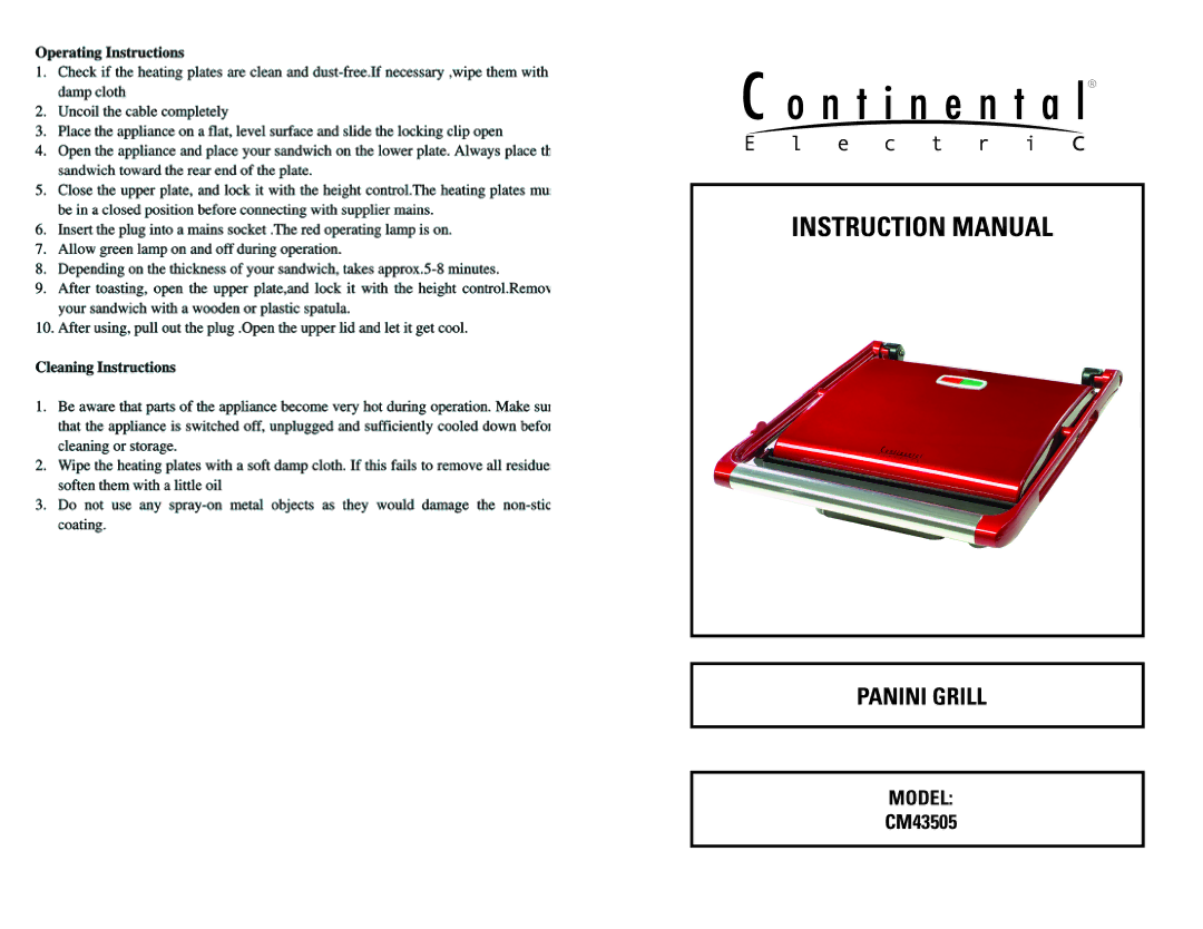 Continental CM43505 instruction manual Panini Grill 