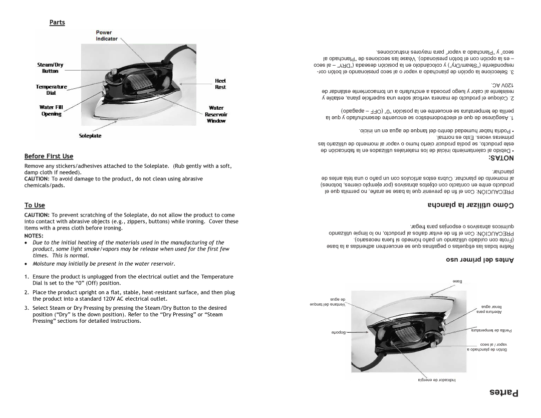 Continental CP43021 instruction manual Parts Before First Use, Uso primer del Antes 