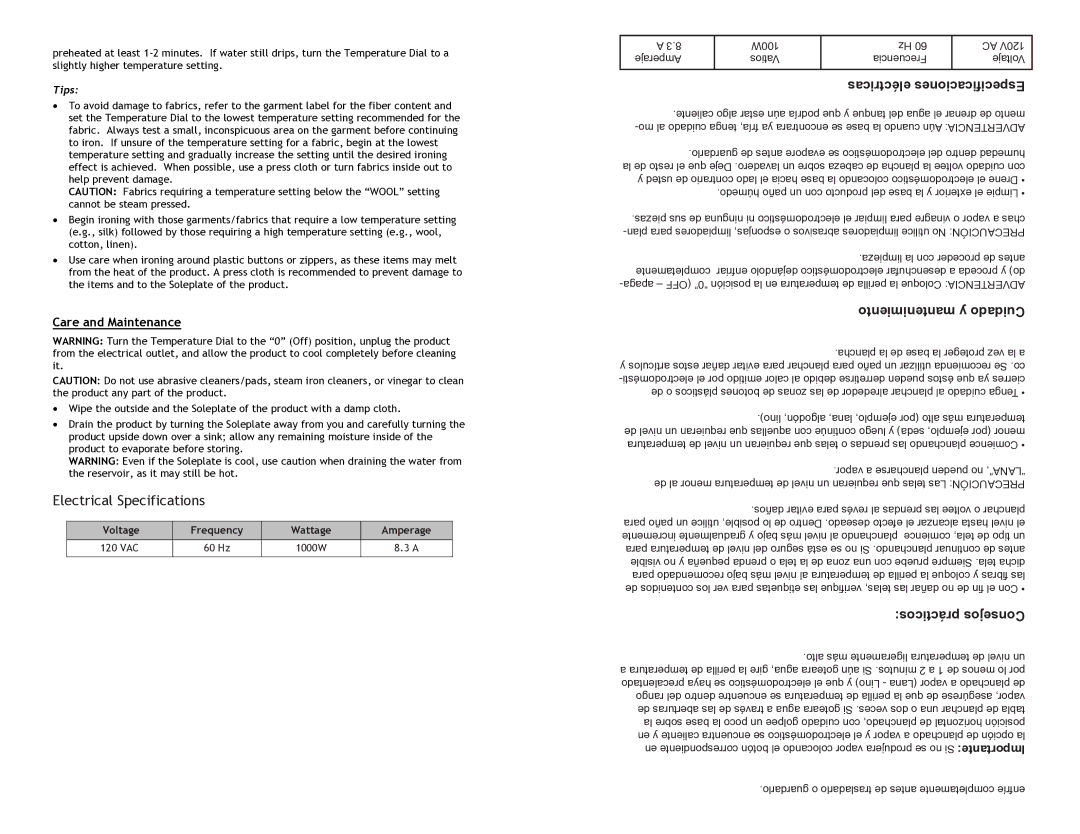 Continental CP43021 instruction manual Eléctricas Especificaciones, Mantenimiento y Cuidado, Prácticos Consejos 