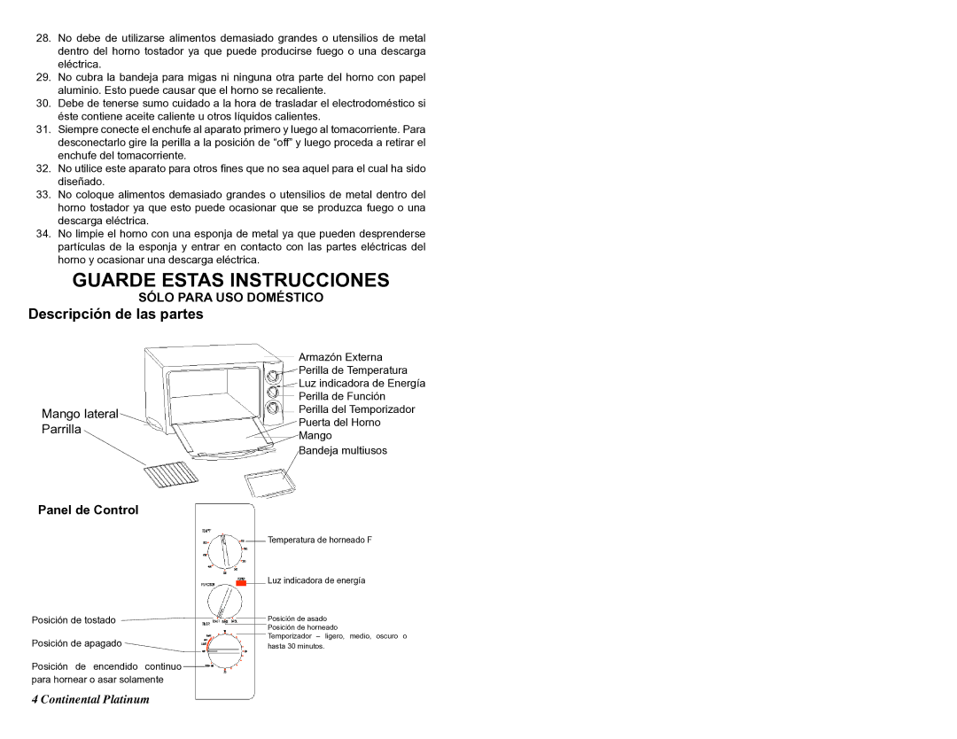 Continental CP43579 instruction manual Descripción de las partes, Panel de Control 