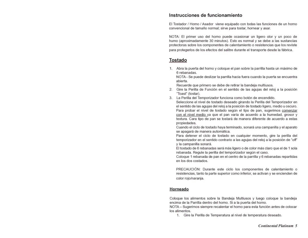 Continental CP43579 instruction manual Instrucciones de funcionamiento, Tostado, Horneado 