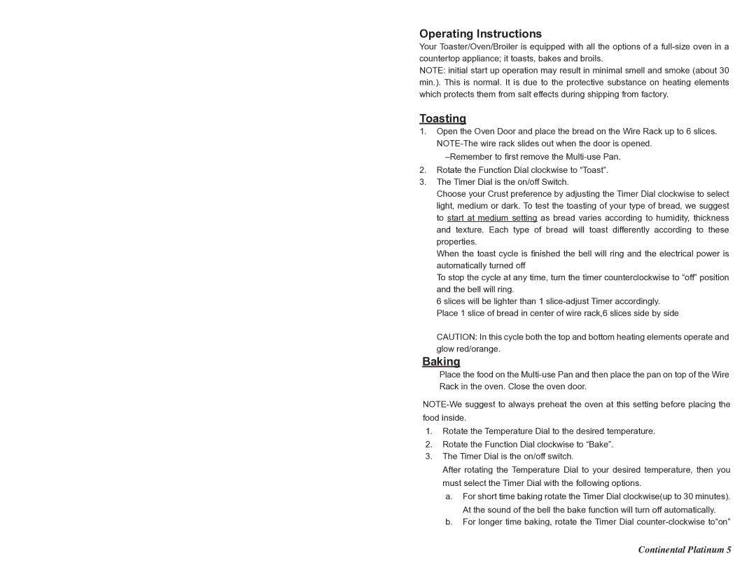 Continental CP43579 instruction manual Operating Instructions, Toasting, Baking 