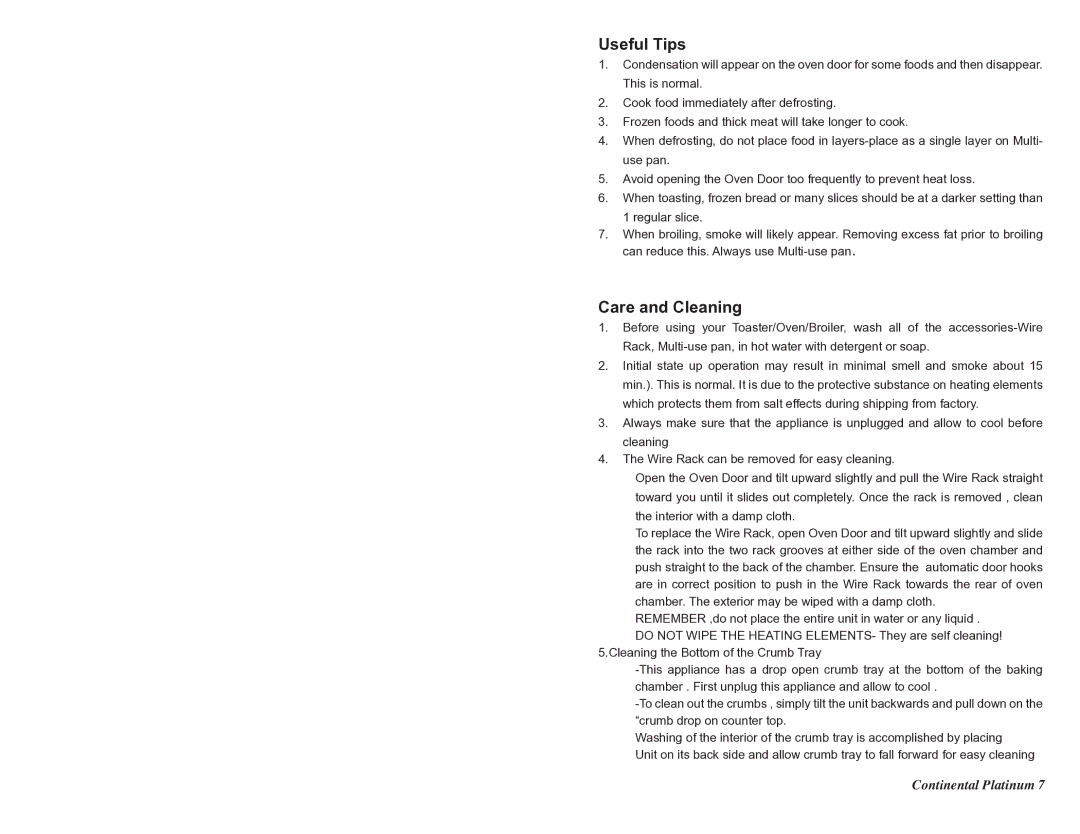 Continental CP43579 instruction manual Useful Tips, Care and Cleaning 