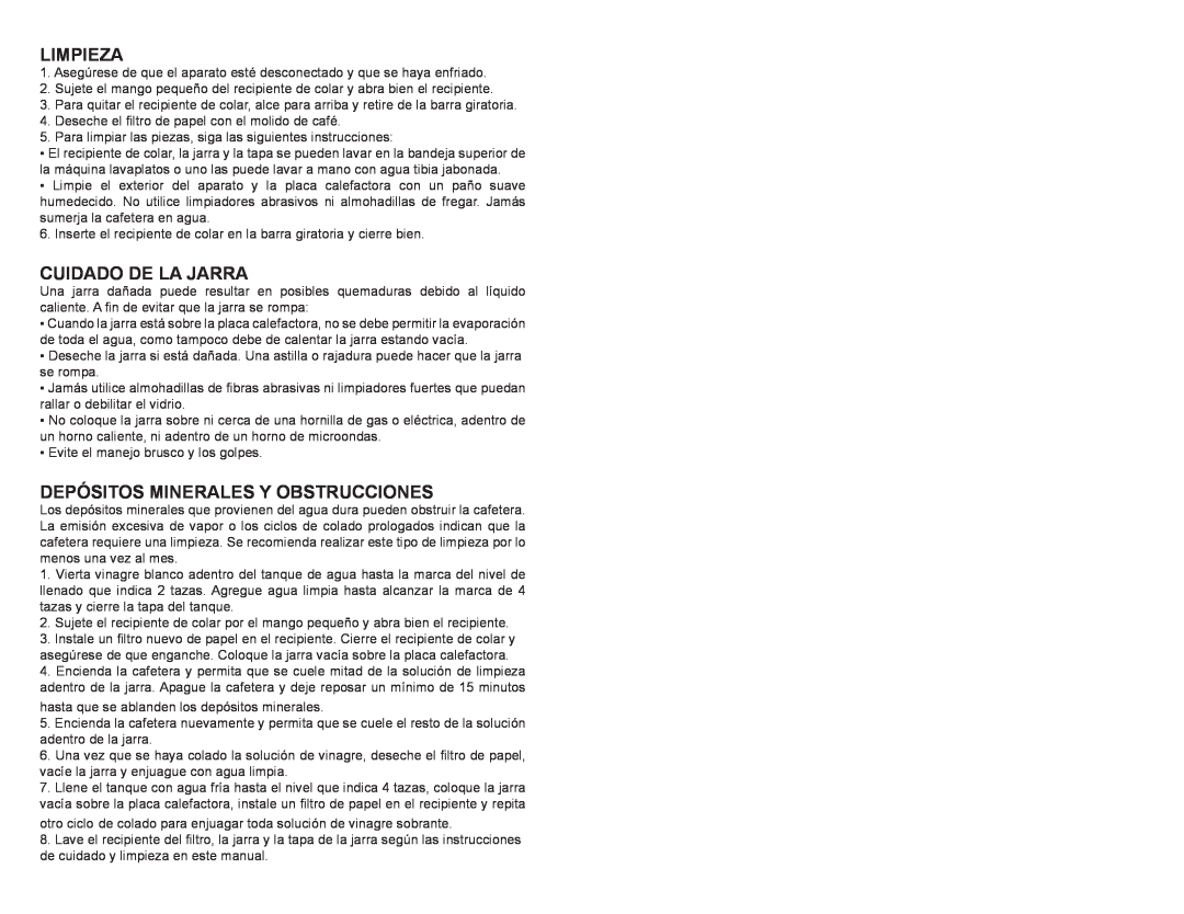 Continental CP43639 instruction manual Limpieza, Cuidado De La Jarra, Depósitos Minerales Y Obstrucciones 
