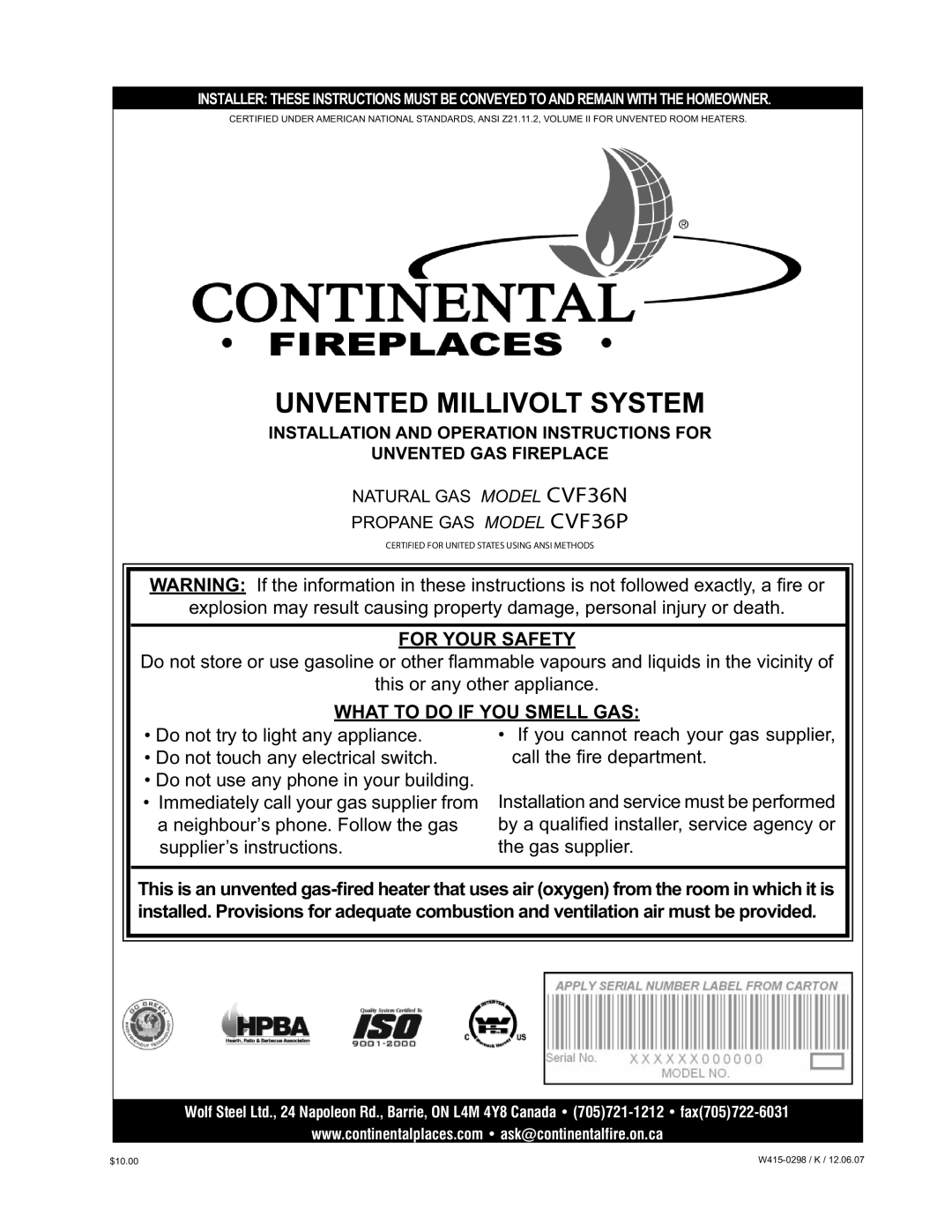 Continental CVF36P, CVF36N manual Unvented Millivolt System 