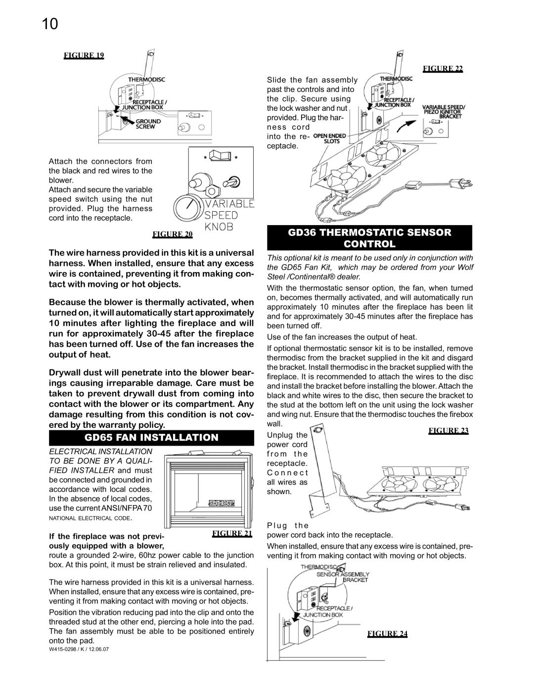 Continental CVF36N, CVF36P manual GD36 Thermostatic Sensor Control, GD65 FAN Installation 