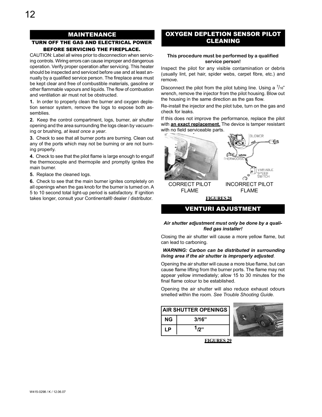 Continental CVF36N, CVF36P manual Maintenance, Oxygen Depletion Sensor Pilot Cleaning, Venturi Adjustment 