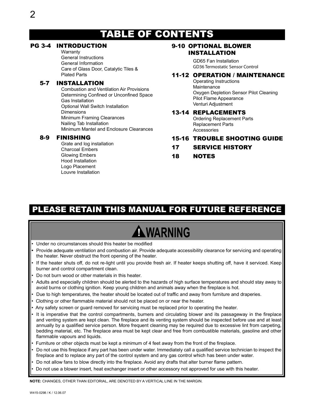 Continental CVF36N, CVF36P manual Table of Contents 