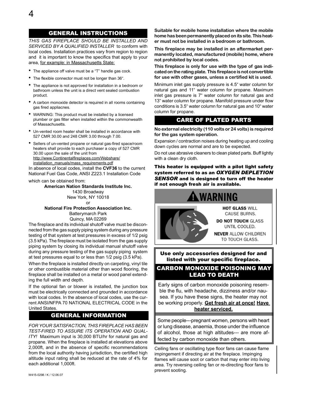 Continental CVF36N, CVF36P manual General Instructions, General Information, Care of Plated Parts 