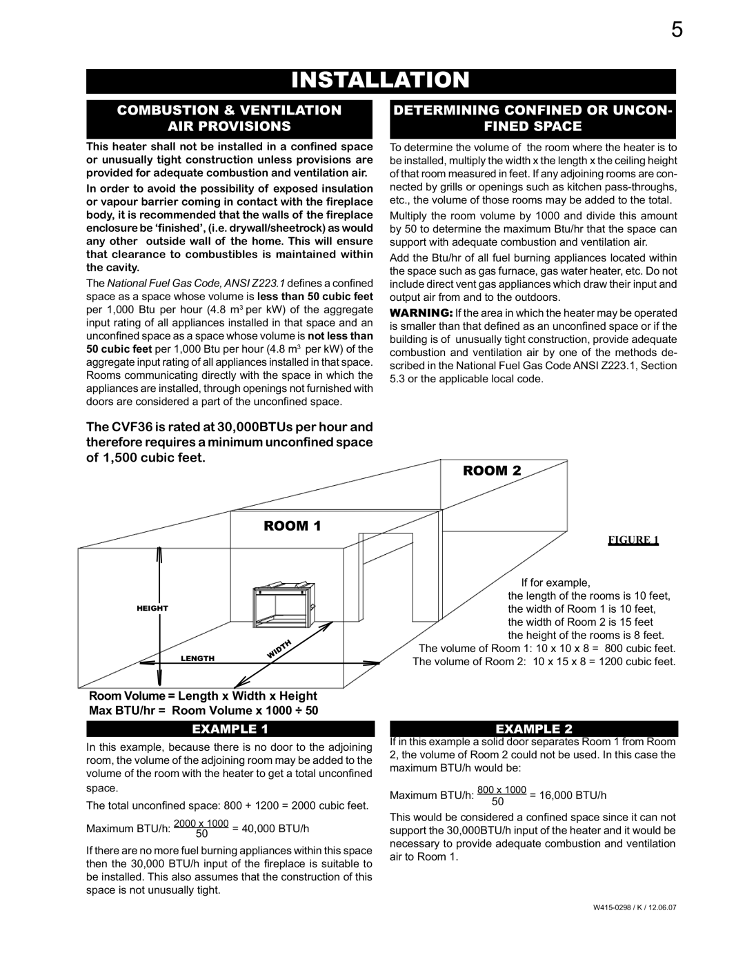 Continental CVF36P, CVF36N manual Installation, Combustion & Ventilation 