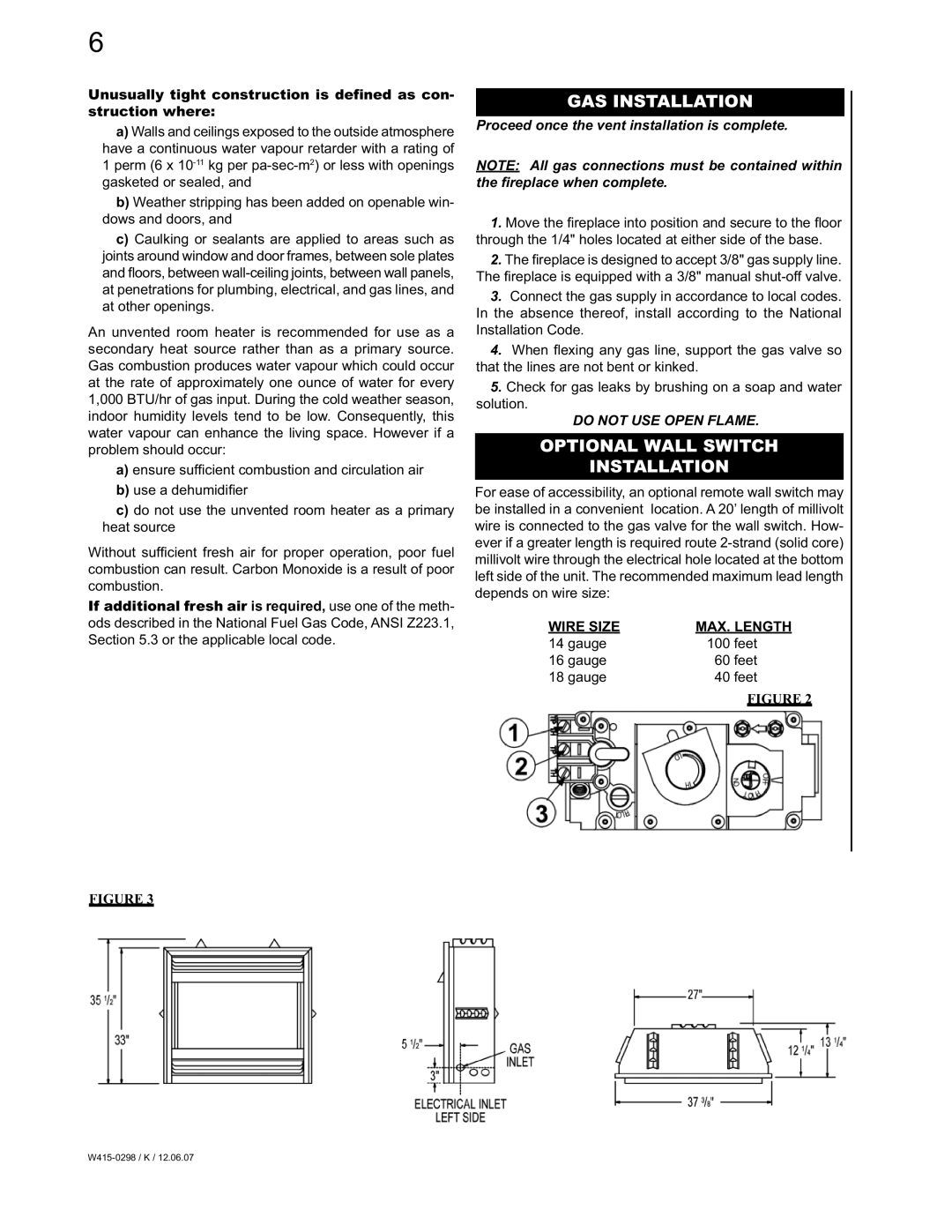 Continental CVF36N, CVF36P manual GAS Installation, Optional Wall Switch Installation 